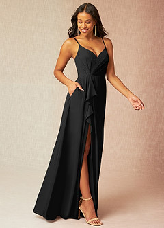 Azazie Kyedae Bridesmaid Dresses Black A-Line V-Neck Pleated Chiffon Dress image3