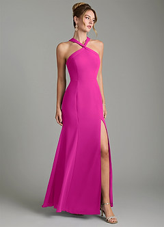 Azazie Rue Vestidos de damas de honor Vestido Fucsia de Gasa de Línea A con Halter image1