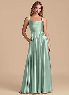 Azazie Shaude Bridesmaid Dresses Agave A-Line Pleated Metallic Satin Dress image1