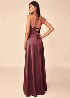 Azazie Mei Bridesmaid Dresses Merlot A-Line V-Neck Stretch Satin Dress image2