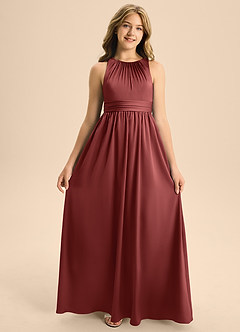 Azazie Jaylah Junior Terracotta A-Line Pleated Stretch Satin Dress image6