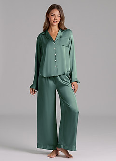 front Matching Color Ruffled Satin Long Sleeve Pajama Set