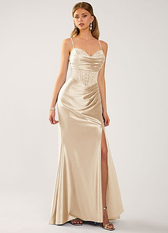 Marenmarka Champagne Beading Corset Satin Prom Dress image3
