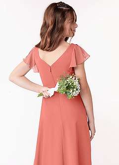 Azazie Omari Junior Salmon Pink A-Line Ruched Chiffon Dress image3