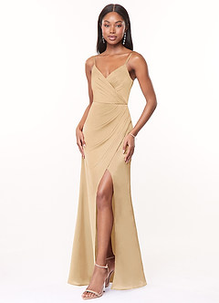 Azazie Maci Brautjungfernkleider A-Linie V-Hals Gefaltet Stretch-Satin Kleid Gold image3
