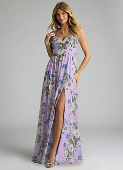 Azazie Alia Robes de demoiselle d'honneur Robe Trapèze en Mousseline de soie Plissée Lilas Floral image3