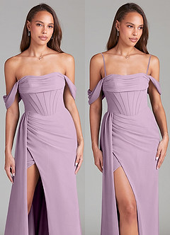 Azazie Amyra Bridesmaid Dresses Wisteria Sheath Off the Shoulder Chiffon Convertible Dress image9