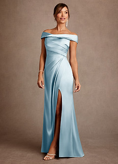 Azazie Bedford Mother of the Bride Dresses Sky Blue Sheath Pleated Stretch Satin Dress image2