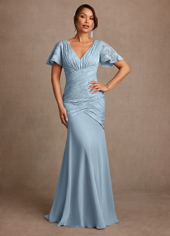 Azazie Jolene Mother of the Bride Dresses Sky Blue Mermaid Pleated Floral Burnout Dress image1