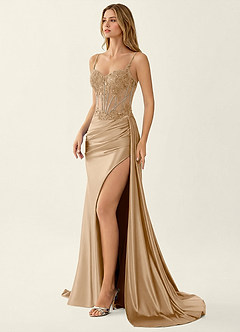 Celestianora Champagne Corset Stretch Satin Mermaid High Slit Prom Dress image5