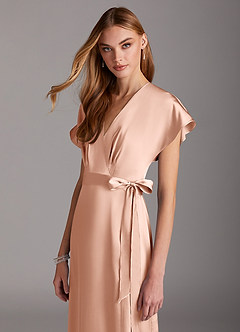 Azazie Nico Bridesmaid Dresses Rose Gold A-Line V-Neck Stretch Satin Dress image6
