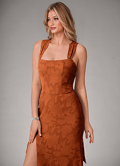 Azazie Luci Abiti da Damigella Abito Convertibile Sirena in Burnout Floreale Plissettato Arancia Bruciata image4