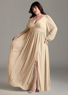 Azazie Norah Abiti da Damigella Abito A-Line in Chiffon con Maniche lunghe e Scollo a V Champagne image10