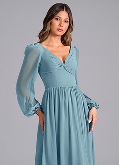 Azazie Zeya Bridesmaid Dresses Moody Blue A-Line Long Sleeve Chiffon Dress image5