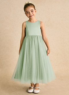 Azazie Solia Flower Girl Dresses Dusty Sage Ball-Gown Bow Tulle Dress image3