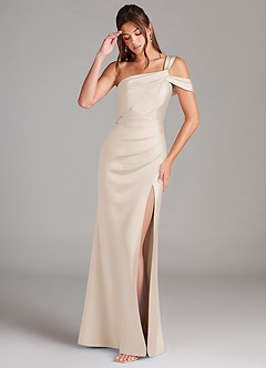 Azazie Wynter Bridesmaid Dresses White Alabaster Sheath Off the Shoulder Stretch Satin Dress image3