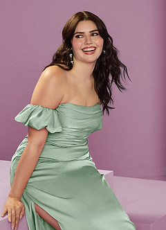 Barbie ♥ Azazie Jurken voor bruidsmeisjes Converteerbaar Jurk van Stretch Satijn met Kolom Off the Shoulder Agave image16