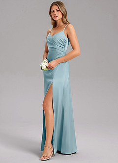 Azazie Azuree Bridesmaid Dresses Moody Blue A-Line Pleated Stretch Satin Dress image4