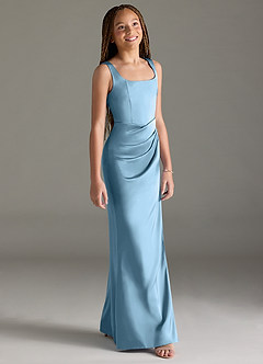 Azazie Mero Junior Steel Blue Mermaid Pleated Stretch Satin Dress image3