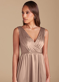 Azazie Tanicia Bridesmaid Dresses Taupe A-Line Pleated Metallic Satin Dress image2