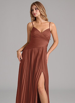 Azazie Vini Bridesmaid Dresses Auburn A-Line Pleated Stretch Satin Dress image2