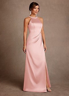 Azazie Lawrence vestidos de madre de la novia Vestido de Rosa Empolvado de Satén Elástico de Corte en A con Plisado image4