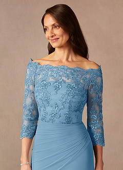 Azazie Rhonda Mother of the Bride Dresses Steel Blue Mermaid Off the Shoulder Mesh Dress image9