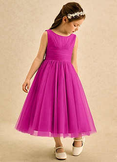Azazie Macaron Robe Demoiselle D'honneur Fillette Robe Trapèze en Tulle Plissée Fuchsia image1