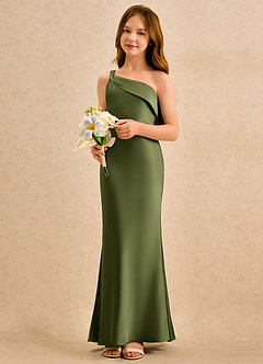 Azazie Almond Girls Formal Abiti da Ragazza di Fiori Abito Tubino in Raso Elasticizzato Monospalla Oliva image3
