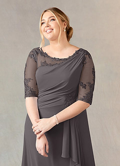 Azazie Dionysus Mother of the Bride Dresses Steel Grey A-Line Boatneck Lace Chiffon Dress image10