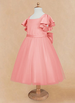 Azazie Kaeya Flower Girl Dresses Coral A-Line Bow Tulle Dress image7