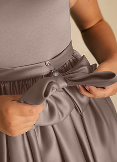 Azazie Apple Flower Girl Dresses Taupe A-Line Bow Matte Satin Dress image4