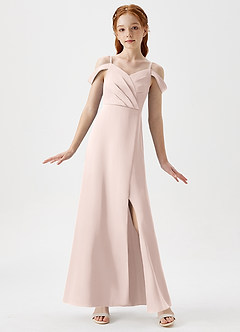 Azazie Ocean Junior Blushing Pink A-Line Off the Shoulder Stretch Satin Dress image1