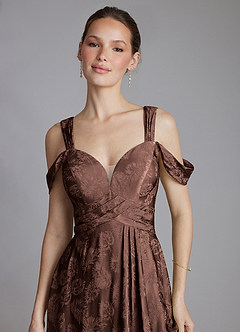 Azazie Emoria Bridesmaid Dresses Chocolate Jacquard A-Line Off the Shoulder Jacquard Dress image3