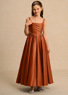 Azazie Mochi Girls Formal Flower Girl Dresses Burnt Orange Ball-Gown Pleated Matte Satin Dress image5