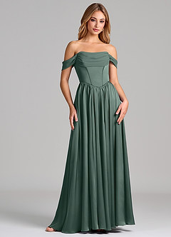 Azazie Raisa Robes de demoiselle d'honneur Robe Trapèze en Satin extensible Épaule décolletée Mousse De Mer image4