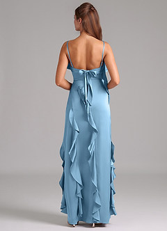 Azazie Malia Bridesmaid Dresses Steel Blue A-Line Side Slit Stretch Satin Dress image6