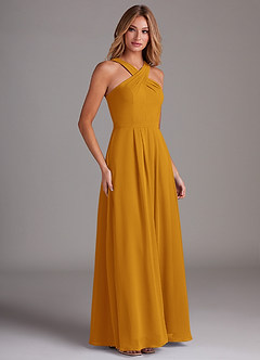 Azazie Dixie Bridesmaid Dresses Butterscotch A-Line Halter Pleated Chiffon Dress image4