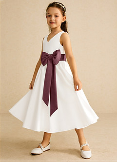 Azazie Darling Flower Girl Dresses Ivory Sangria A-Line Bow Cotton Dress image3