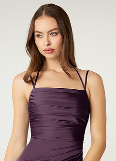 Azazie Desi Bridesmaid Dresses Plum Sheath Halter Corset Stretch Satin Dress image6
