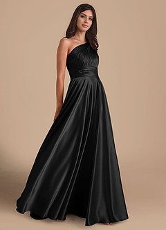 Azazie Charlize Bridesmaid Dresses Black A-Line One Shoulder Metallic Satin Dress image4