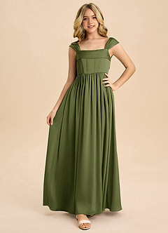 Azazie Hattie Junior A-Linie Plissee Stretch-Satin Kleid Olivgrün image5