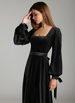 Azazie Leonia Bridesmaid Dresses Black A-Line Long Sleeve Velvet Dress image6
