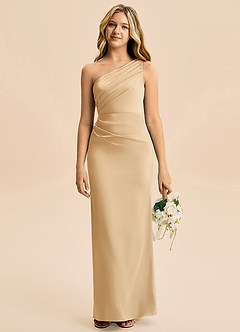 Azazie Akilah Junior Gold Sheath Pleated Stretch Satin Dress image1