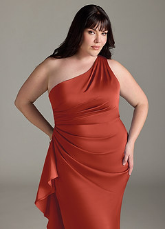 Azazie Latrice Bridesmaid Dresses Rust Sheath One Shoulder Cascading Ruffles Stretch Satin Dress image10