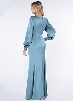 Azazie Raye Bridesmaid Dresses Steel Blue Mermaid Long Sleeve Stretch Satin Dress image4