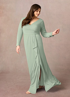 Azazie Risa Mother of the Bride Dresses Dusty Sage Mermaid V-Neck Pleated Mesh Dress image7