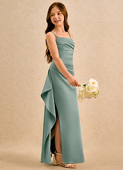Azazie Cannoli Girls Formal Robe Demoiselle D'honneur Fillette Robe Trapèze en Satin extensible Plissée Sauge D'argent image5