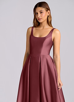 Azazie Amalie 신부 들러리 드레스 A라인 주름진 스트레치 새틴 티 길이 드레스 image6