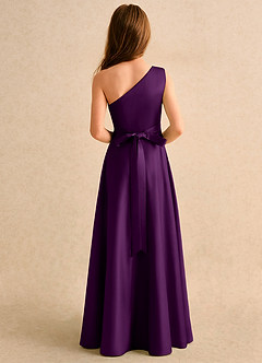 Azazie Puddles Girls Formal Flower Girl Dresses Grape A-Line One Shoulder Matte Satin Dress image3